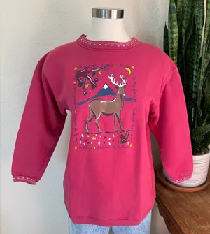 Vintage Graphic Sweatshirt deer‎ Cozy Cottagecore Outdoors Nature 90s Large thumbnail 1