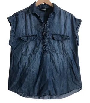 Nine West Jeans Chambray Soft Denim Cap Tie Collar Western Blouse Top Medium thumbnail 1