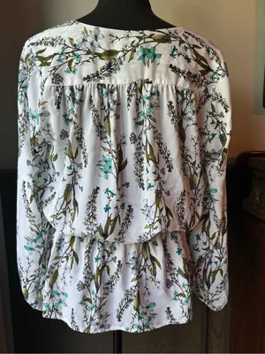 Worthington White Blouse with Teal and Yellow Floral Print thumbnail 4