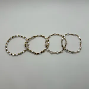 Womens Pearl Gold Bead Stretch Bracelet Set of 4 18k Plated Saphir New thumbnail 3