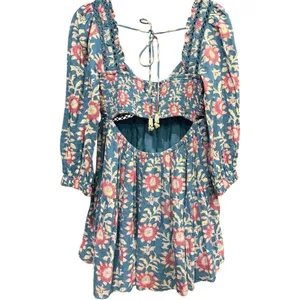 Free People Sacha Mini Babydoll‎ Dress Blue Pink Floral Open Back Boho Small New thumbnail 6
