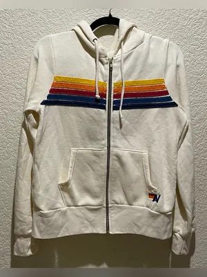 Aviator Nation 5 Stripe Vintage Cream Rainbow-Stripe Zip Hoodie & Jogger Set XS thumbnail 5