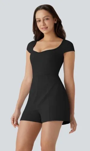 Halara Black Airy U-Neck Cap Sleeve Easy Peezy Romper NWT M thumbnail 1