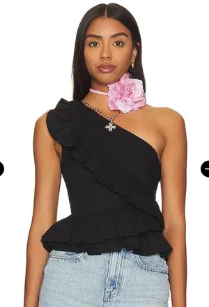 Tularosa One-Shoulder Ruffle Peplum Top in Black Size M thumbnail 1