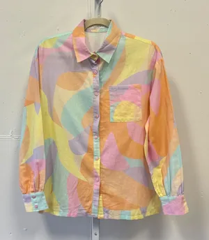 Peppermayo Pastel Abstract Swirl Linen Blend Button Down Shirt US 4 Pink Yellow thumbnail 1