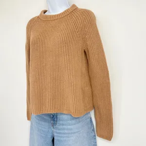 Quince Fisherman Crew Sweater Women XS Camel 100% Organic Cotton Ribbed Knit Top thumbnail 3