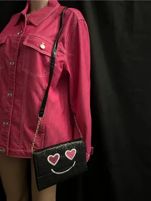 Betsey Johnson Black Glitter Heart-Eyes Crossbody Bag Striped Inside thumbnail 13