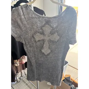 Y2K Rhinestone Cross Top Grey Acid Wash Vocal Grunge Gothic Ribbed Tee Shirt thumbnail 2