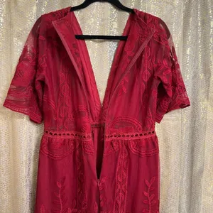 Maroon Dark Red Romper Boho V Neck Lace Maxi Dress Medium thumbnail 7