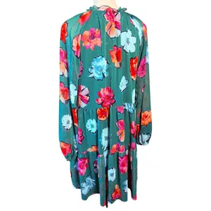 Lark + Grey Womens L Green Floral Ruffle Tie Neck Long Sleeve Tiered Midi Dress thumbnail 4