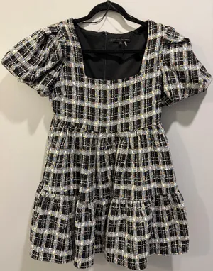 English Factory Colorful Tweed Square Neck Puff Sleeve Babydoll Dress Black Multi thumbnail 5