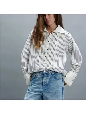 Free People We the Free After Hours Stripe Oversized 1/4 Button Down Top size xs thumbnail 4