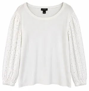 Ann Taylor Factory White Eyelet Sleeve Cotton Sweater Size L 🤍 thumbnail 1