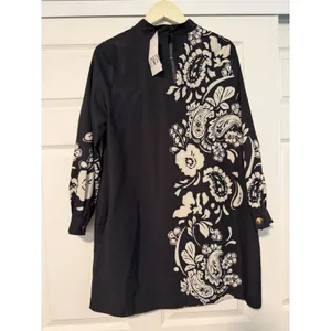 Zara Black Floral Paisley High Neck Minimalist Dress Bohemian Summer Gold Button thumbnail 2