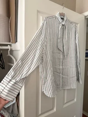 BNWT Zara Mint Chocolate Green & Brown Striped Flowy Button Down Scarf Shirt thumbnail 9