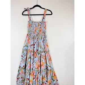 Poupette St Barth Dress Blue Midi Kleid Triny Floral Tank Tiered Smocked Boho XS thumbnail 10