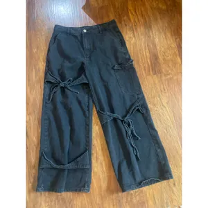 CIDER Baggy Wide Leg Jeans w Tie Details High Rise Black Size Large L Cargo Y2K thumbnail 3