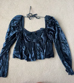 Free People navy blue velvet long sleeve crop top with tie back detail thumbnail 1