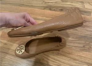 Tory Burch Minnie Ballet Flats- tan with gold logo thumbnail 4