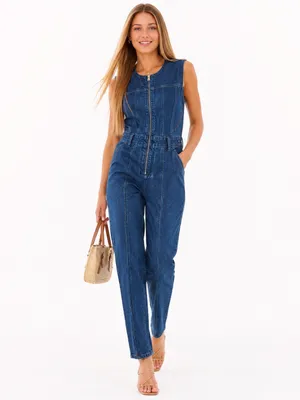 Universal Threads Tailored Denim Zip Front Sleeveless Jumpsuit Dark Wash Size 8 thumbnail 4