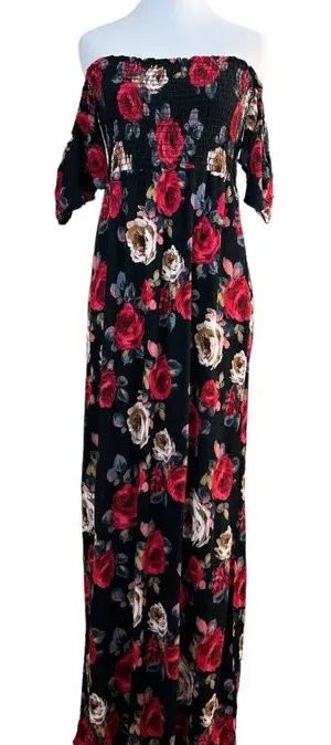 Altar'd State Maxi Dress S Black Red Rose Floral Smocked Off The Shoulder Boho‎ thumbnail 1
