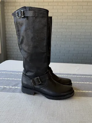 Frye Veronica Slouch Boots Black Leather Harness Engineer Boots Size 6 thumbnail 3