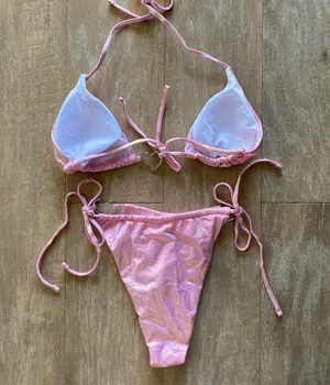 Iridescent holo snakeskin baby pink heart cut out bikini top bottom M NEW thumbnail 4