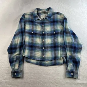 American Eagle Sz L‎ Light Flannel Shirt Cropped Boxy Oversized Plaid Button Up thumbnail 3