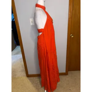 Anthropologie Orange Eyelet Lace Halter Maxi Dress‎ boho Open Back NWT Size L thumbnail 5