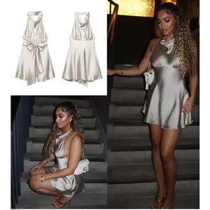 Zara Woman NWT SS25 Grey/ Beige Short Satin Halter Dress Size Medium 8482/331 thumbnail 3