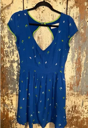 Abercrombie and Fitch Open back scoop neck Mini dress, blue, bird pattern, Large thumbnail 1