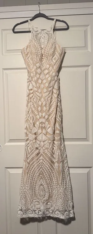 Dave & Johnny Y2K White Nude Art Deco Geometric Sequin Formal Prom‎ Dress Fairy thumbnail 1