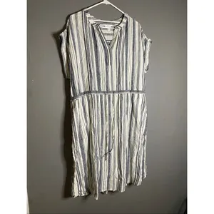 Time & Tru Striped Linen Blend Dress Pockets Coastal Nautical Cottagecore L thumbnail 2