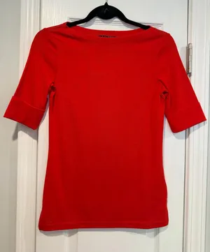 NWOT LRL Lauren Ralph Lauren Size XS Red Boat Neck Cuffed Sleeve Top Cotton thumbnail 1