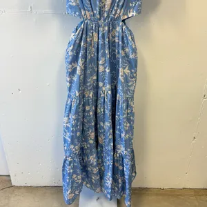 WAYF Plaza Cutout Puff Sleeve Cottagecore Floral Tiered Maxi Dress Blue White Sm thumbnail 6