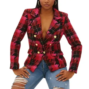 Anthropologie Exploded Plaid Tweed Blazer Medium Red Pink Gold Button Jacket thumbnail 1