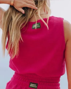 Daily Drills Hot Pink Terry Cloth Cropped Tank Top Women’s Size Medium / Large thumbnail 1