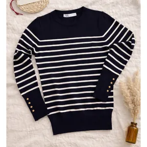 Zara Dark Blue and White Striped Knit Top thumbnail 2