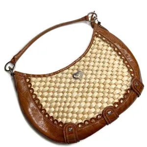 Brown Faux Leather & Woven Straw Silver Accents Purse Bag thumbnail 1