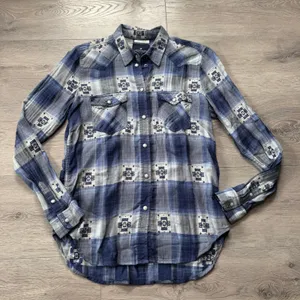 American‎ Eagle Outfitters Boyfriend Fit Plaid Western Flannel Shirt Blue XSmall thumbnail 1