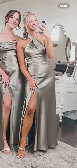 Monica Moss Satin Birdy Grey Shiny Green Dress thumbnail 3