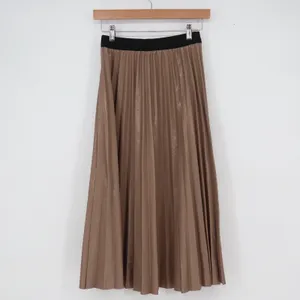 Taupe Bronze Metallic Pleated Midi Skirt Black Elastic Waist Small Accordion thumbnail 2