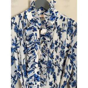 Tory Burch Shirt Dress Belted Sz 0 Blue White Floral Pleated Ruffle High Neck thumbnail 4