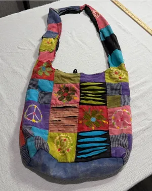 Boho Patchwork Cotton Hobo Bag Nepal Peace Flower Crossbody Multi Color thumbnail 1