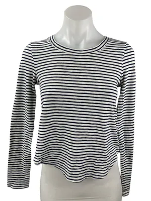 Madewell Women's Black White Striped Ribbed Knit Crew Neck Long Sleeve Top Sz S thumbnail 1