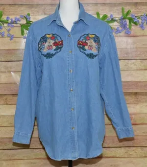 Vintage Quizz Again Cotton Denim Button Up Shirt Size M Embroidered Christmas thumbnail 1