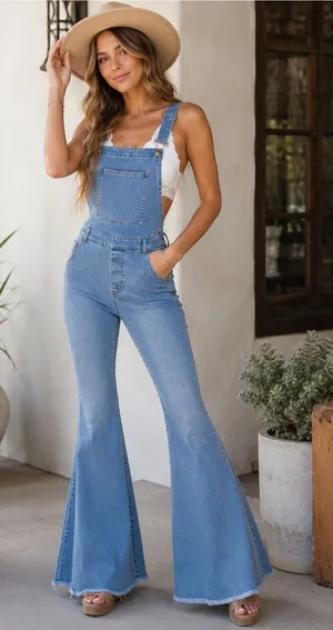 Pink Lily Flare Bell Bottoms Raw‎ Hem Boho Overalls thumbnail 1