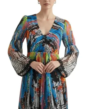 Vintage Oleg Cassini 80s 90s Abstract Boho Sheer Bell Sleeve Midi Dress Sz 6 thumbnail 1