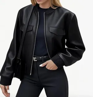 Ommiivex Black Faux Leather Cropped Bomber Jacket Size Large NWT thumbnail 1