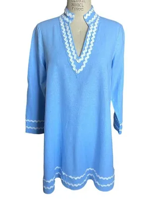 Sail to Sable Long Sleeve Linen Blend Tunic Dress Light Blue Rik Rak Trim Medium thumbnail 2